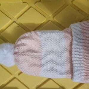 New! Hand Knitted Cozy Pink and White Knit Pom-Pom Hat